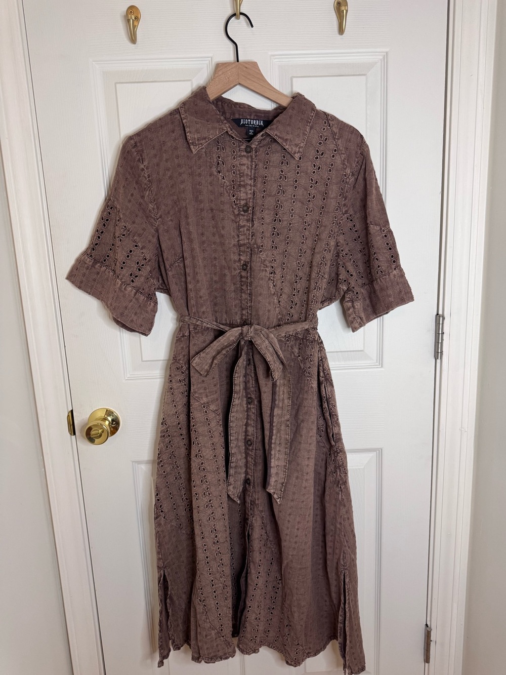 Disturbia Taupe Brown Eyelet Midi Shirt Dress with Tie Waist
